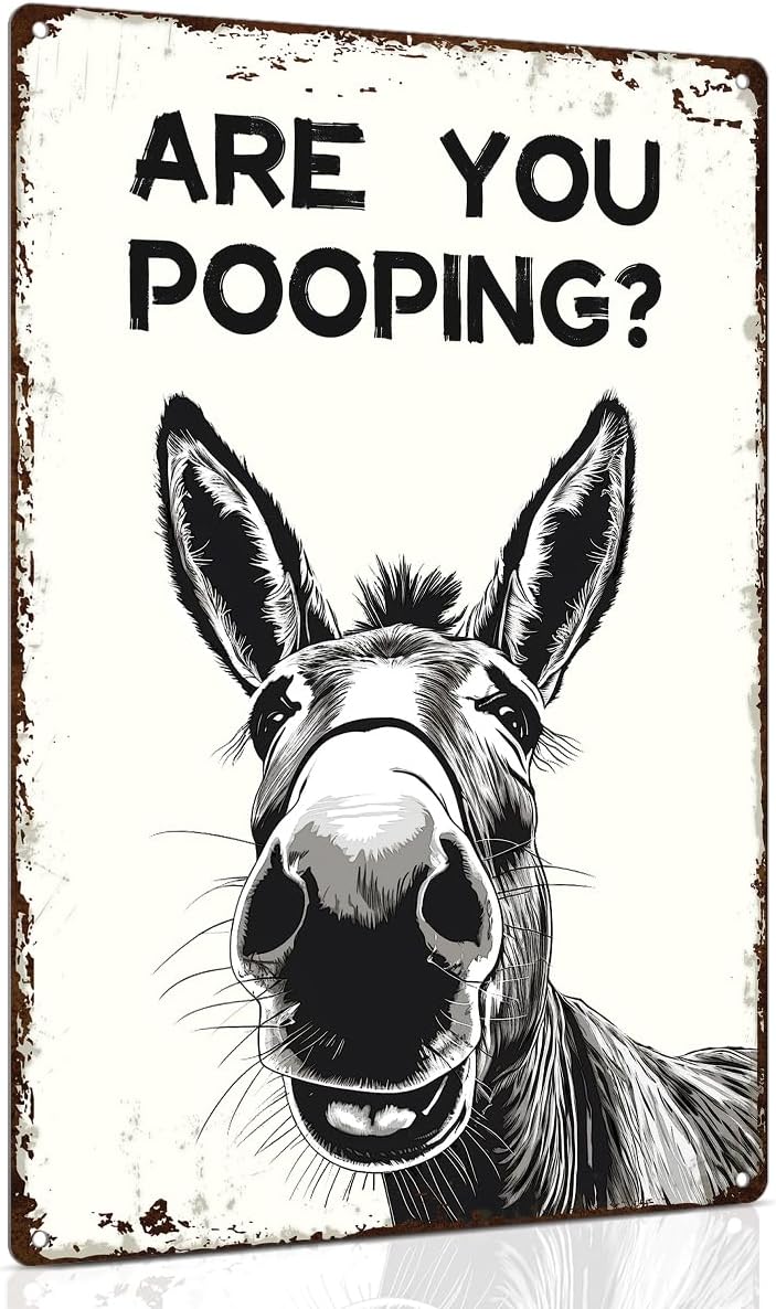 ALKB Funny Donkey Are You Pooping Metal Signs Vintage Farmhouse Bathroom Wall Decor Donkey Lovers Gift 8 x 12 Inch - Image 1